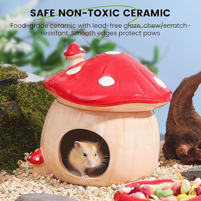 Ceramic Hamster Hideout, Hamster Water Bottle Holder and Food Bowl, Red Ceramic Mushroom House Design– Complete Cage Accessories for Small Animal cage Decorations