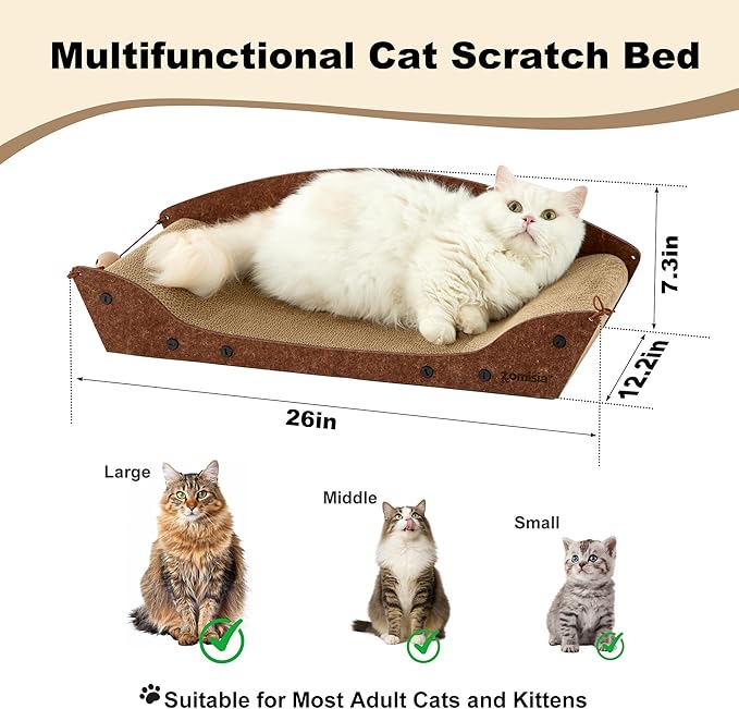 Cat Scratcher Bed - 26'' Cardboard Scratching Board for Indoor Cats, Orthopedic Lounger Scratcher Couch with Catnip and Bells