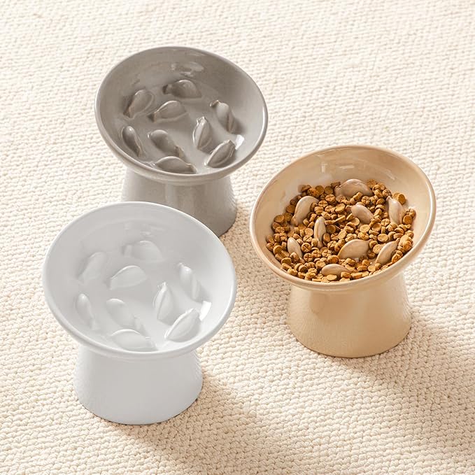 vancasso Ceramic Slow Feeder Cat Bowl, 6.25 Inch Elevated Cat Slow Feeder Bowl, Anti Vomiting for Dry and Wet Food, Grey