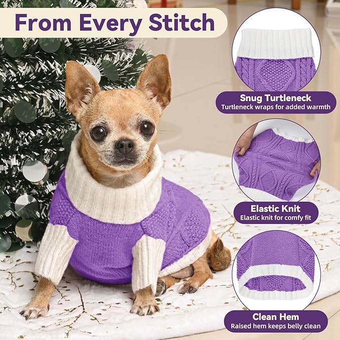 Dog Sweater for Small Dogs Argyle Cable Knit Turtleneck Pullover Winter Clothes Boys Girls Stretch Puppy Doggie Chihuahua Yorkie Pomeranian Toy Poodle Pet (XS, Purple)