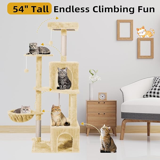 Cat Tree 54-Inch Cat Tower with Padded Plush Perch 2 Comfy Caves, Scratching Posts, Basket, 2 Pompoms, Multi-Level Plush Cat Condo for Indoor Cats Kittens, Beige