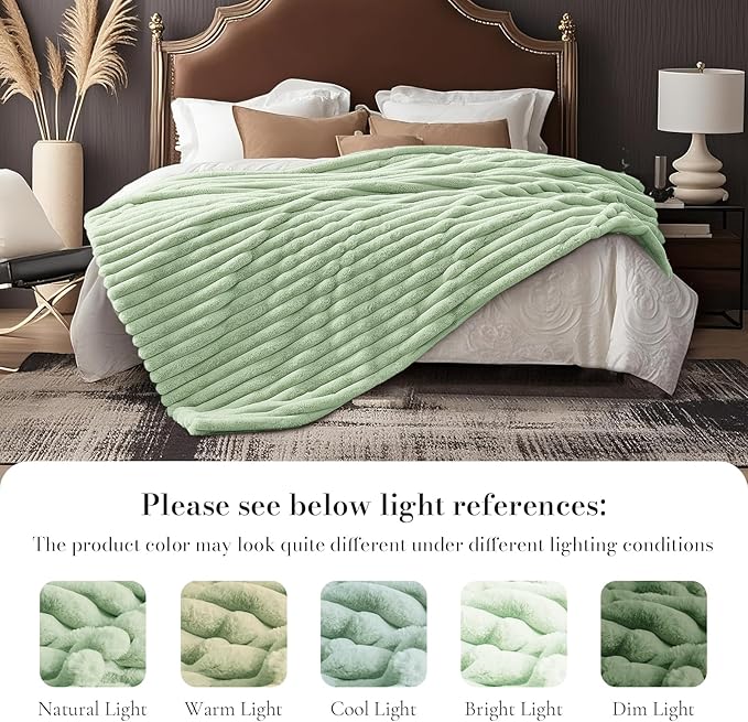 Amélie Home Faux Fur Throw Blanket for Couch, Cozy Fuzzy Fluffy Fur Luxurious Soft Striped Plush Gift Blankets for Family Sofa Chair Bedroom, 55"x70", Sage Green