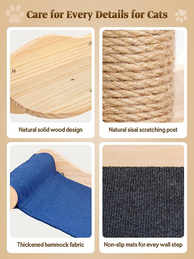 Cat Wall Shelves, 8 in 1 Cat Wall Furniture Set for Large Adult Kittens, Wooden Climbing Wall Shelves with Scratching Post, Hammock, Jumping Platform, Steps