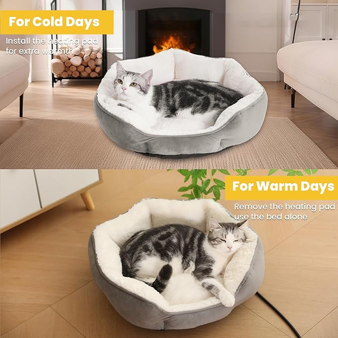 Heated Cat Bed Indoor for Cats & Small Dogs - Winter Warm Plush Round Pets Heating Bed, Ultra-Soft Velvet & Cotton Thermal Heated Dogs Bed for Cold Weather, Overheat Protection for Pets (20x20 Inch)