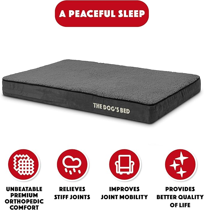 The Dog’s Bed Orthopedic Memory Foam Dog Bed, Large Grey Plush, Pain Relief for Arthritis, Hip & Elbow Dysplasia, Post Surgery, Lameness, Supportive, Calming, Waterproof Washable Cover