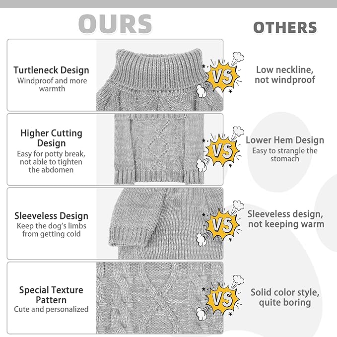 KOOLTAIL Thermal Knitted Dog Sweater for Small Medium Large Dogs, Turtleneck Cable Knit Doggy Winter Coat Warm Clothes Sweatshirt Outfits for Cold Weather,Pullover Pet Jumper for Puppy Cats Grey XL