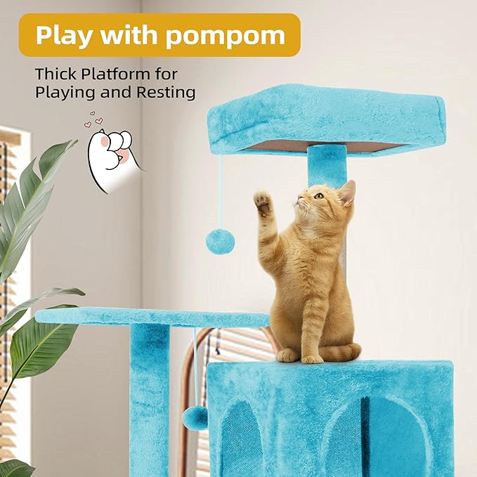 Cat Tree 54-Inch Cat Tower with Padded Plush Perch 2 Comfy Caves, Scratching Posts, Basket, 2 Pompoms, Multi-Level Plush Cat Condo for Indoor Cats Kittens, Blue
