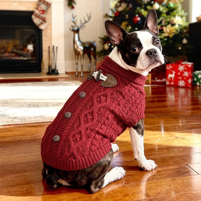 WOYYHO Cozy Pullover Dog Sweaters for Small Dogs, Cable Knit with Cow Horn Buttons, Warm Round Neck Winter Clothes for Puppy Chihuahua Yorkie, Red M