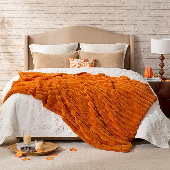 Cozy Bliss Faux Fur Throw Blanket for Couch, Cozy Warm Plush Striped Blanket for Sofa Bedroom Living Room, 60 * 80 Inches Burnt Orange