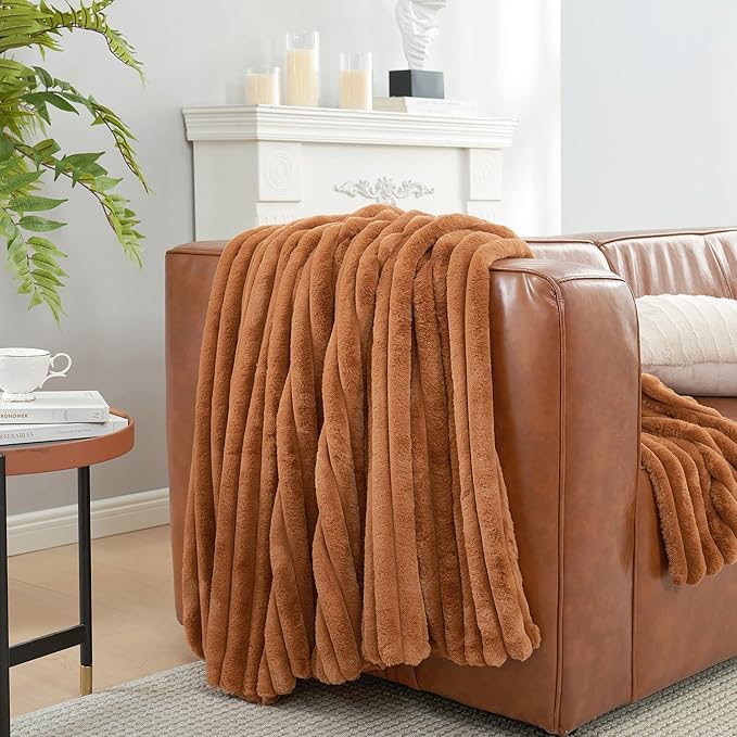 Amélie Home Faux Fur Throw Blanket for Couch, Cozy Fuzzy Fluffy Fur Luxurious Soft Striped Plush Gift Blankets for Family Sofa Chair Bedroom, 55"x70", Brown