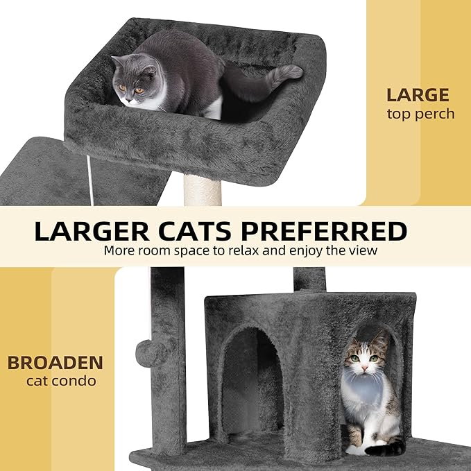 Cat Tree 54-Inch Cat Tower with Padded Plush Perch 2 Comfy Caves, Scratching Posts, Basket, 2 Pompoms, Multi-Level Plush Cat Condo for Indoor Cats Kittens, Dark Gray