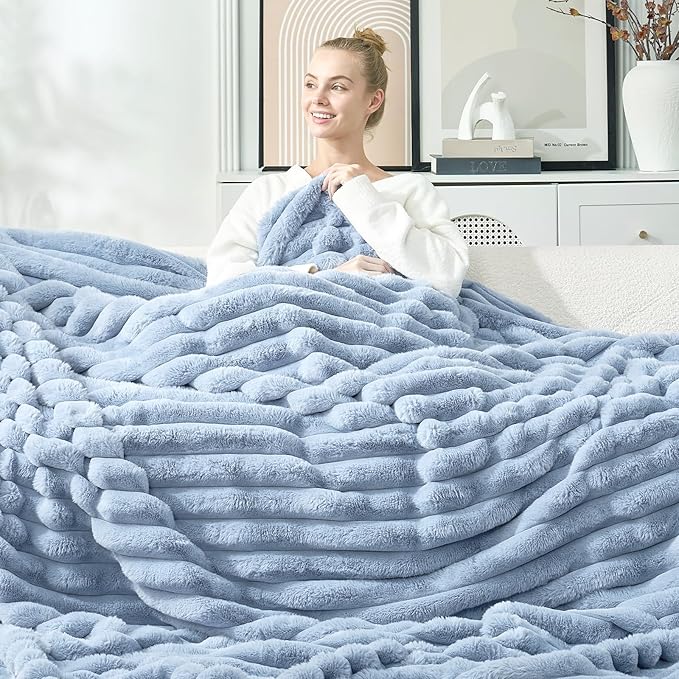 Cozy Bliss Faux Fur Throw Blanket for Couch, Cozy Warm Plush Striped Blanket for Sofa Bedroom Living Room, 108 * 90 Inches Light Blue
