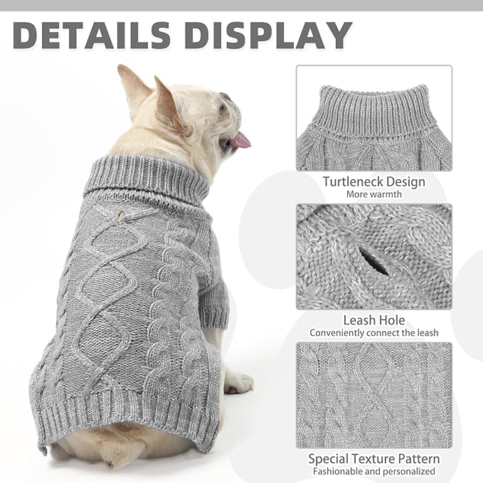 KOOLTAIL Dog Sweater for Large Medium Small Dogs, Fall Dog Sweaters, Turtleneck Cable Knitwear Pet Cold Weather Coats with Leash Hole, Warm Winter Pullover Clothes for Bulldog, Yorkie,Boy Girl,Grey SM