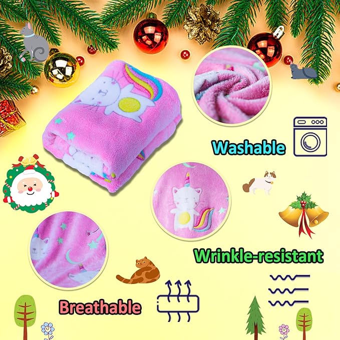 Halloween Glow in The Dark Pink Cat Throw Blanket with Storage Bag, Soft Blanket for Girls Boys, Camping Blanket, Gifts for Children Ages 1-10, Kids Blanket, Day Care Home Office Travel Use, Pink