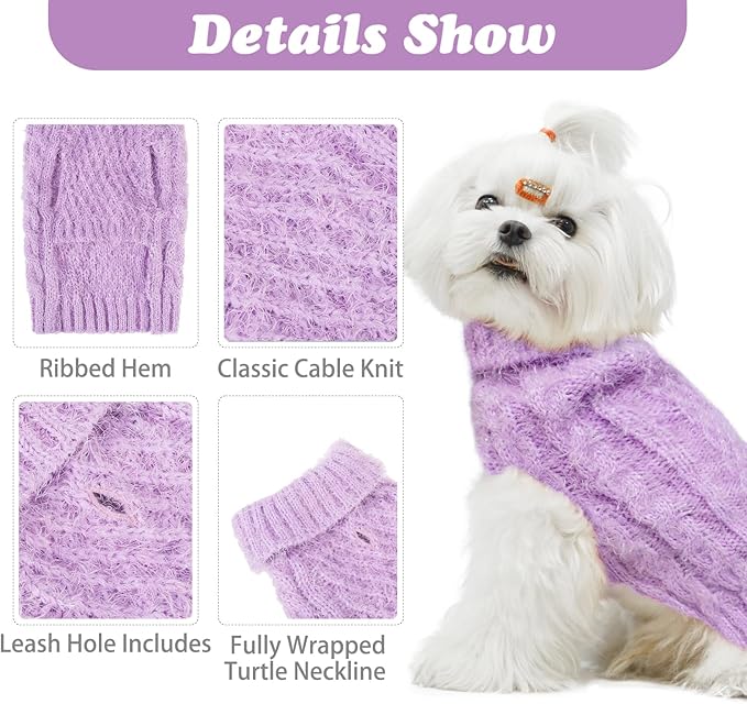 Turtleneck Small Dog Sweaters - Classic Cable Knitwear Winter Coat for Small Medium Dogs Male Female Puppy Dog Cold Weather Clothes Girls Boys, Purple, S
