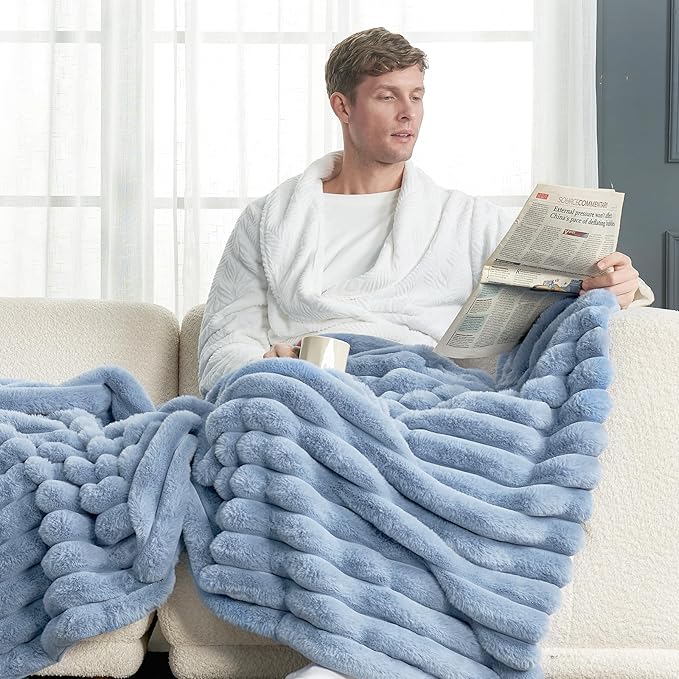 Cozy Bliss Faux Fur Throw Blanket for Couch, Cozy Warm Plush Striped Blanket for Sofa Bedroom Living Room, 50 * 60 Inches Light Blue