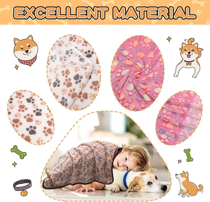 Rezutan Dog Blankets for Large Dogs, Upgraded 3 Pack Dogs Cat Blanket Washable 41" x 31", Soft Pet Throw Cover Suitable for Kennel Crate Bed, Cute Paw Pattern, White/Brown/Pink