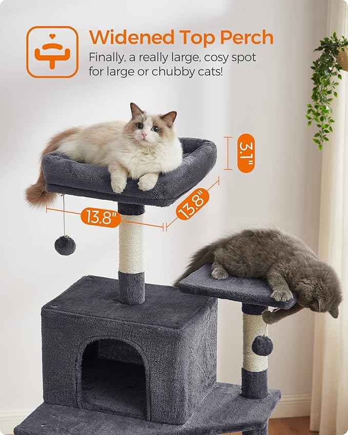 Feandrea Cat Tree, 75.2-Inch Cat Tower for Indoor Cats, Plush Multi-Level Cat Condo with 5 Scratching Posts, 2 Perches, 2 Caves, Hammock, 2 Pompoms, Smoky Gray UPCT191G01