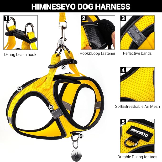 Dog Harness and Leash Set, Dog Harness for Dogs No Pull, No-Chock Step-in Reflective Breathable Lightweight Easy Walk Vest Harnesses with Safety Buckle for Small Medium Dogs, Cats (Yellow, XXS)