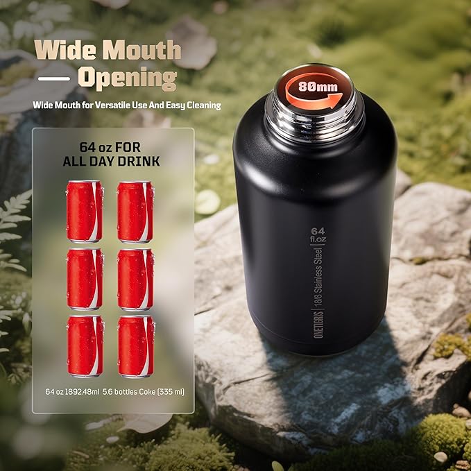 OneTigris Tactical Half Gallon Water Bottle with Straw - 64 oz Vacuum Insulated Stainless Steel Water Jug, Leakproof Sport Bottle with 3 BPA Free Lids, Paracord Handle & MOLLE Water Pouch for Outdoor