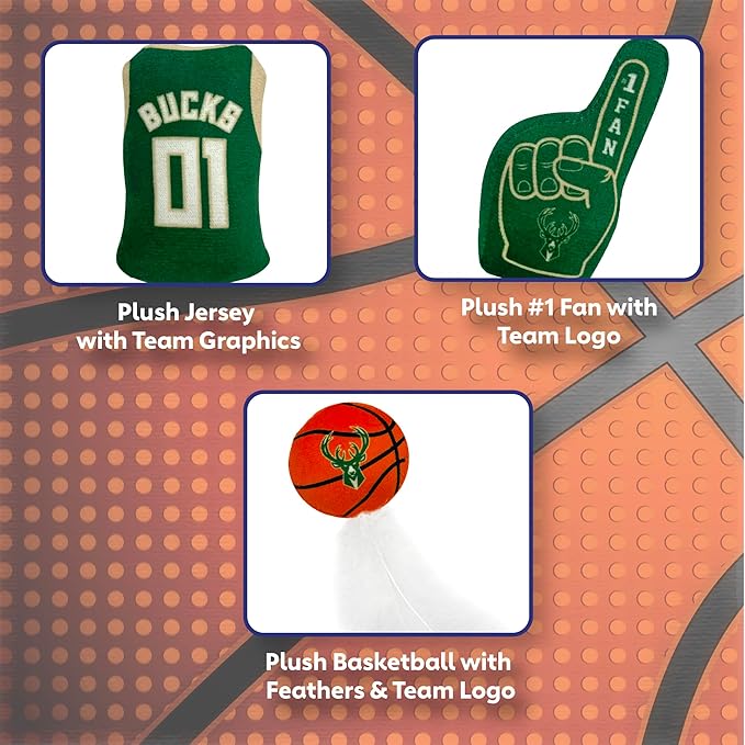 Best Plush CAT Toy NBA Milwaukee Bucks Complete Set of 3 Piece Cat Toys Filled with Fresh Catnip. Includes: 1 Jersey Cat Toy, 1 Basketball Cat Toy with Feathers & 1#1 Fan Cat Toy. Beautiful Team Logo
