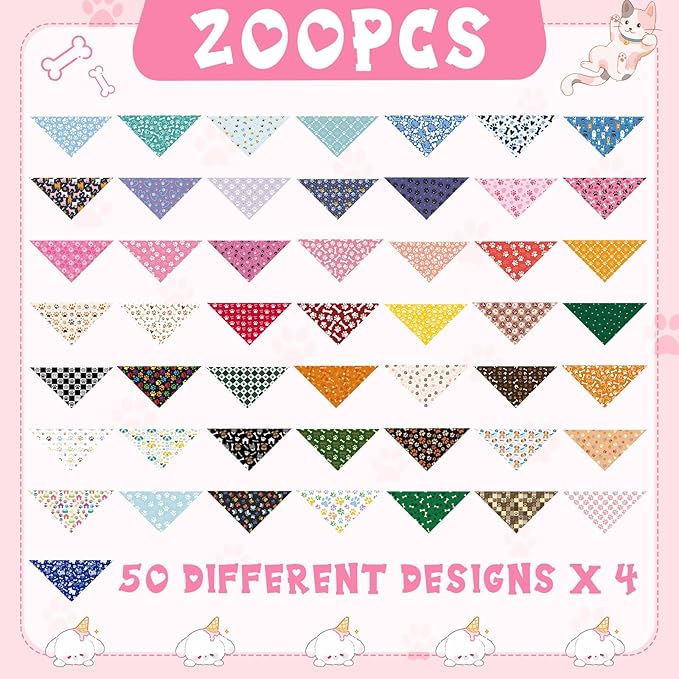 Kacctyen 200 Pcs Dog Bandanas Bulk Dog Paw Printed Pet Scarf Bibs Adjustable Washable Kerchief Daily Holiday Party Pet Costume Accessories Grooming Supplies for Small to Large Cats Dogs