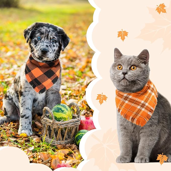Kytely Thanksgiving Fall Dog Bandana 2Pack, Autumn Dog Bandanas, Orange Plaid Pet Scarf for Boy and Girl, Holiday Halloween Reversible Triangle Bibs Accessories for Dogs Pets(Small)