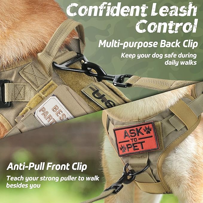 rabbitgoo Tactical Dog Harness for Large, Heavy Duty Pet Harness with Handle, No-Pull Service Vest Large Breed, Adjustable Military Dog Vest for Training Hunting Walking, Brown, L