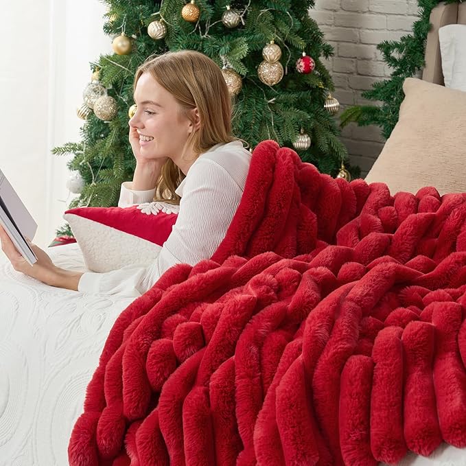 Cozy Bliss Faux Fur Throw Blanket for Couch, Cozy Warm Plush Striped Blanket for Sofa Bedroom Living Room, 60 * 80 Inches Cardinal Red
