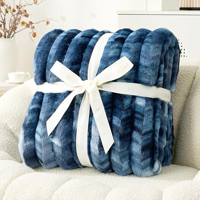 Cozy Bliss Faux Fur Throw Blanket for Couch, Cozy Warm Plush Striped Blanket for Sofa Bedroom Living Room, 50 * 60 Inches Tie-dye Blue