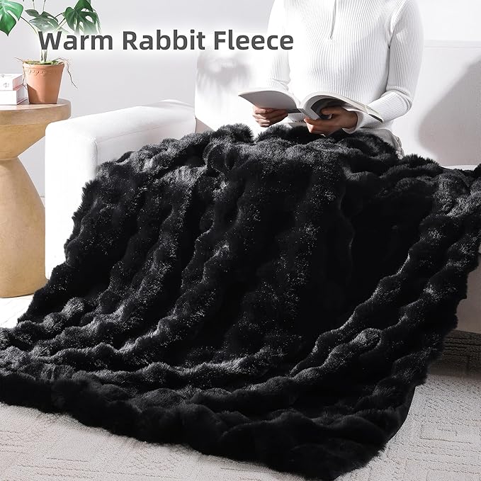 Smoofy Faux Fur Throw Blanket for Couch – Black Fluffy Cozy Rabbit Fleece, Plush Soft Bubble Blanket for Sofa & Bed, for Mom, Warm Fuzzy Home Room Decor Throw 60" x 80"