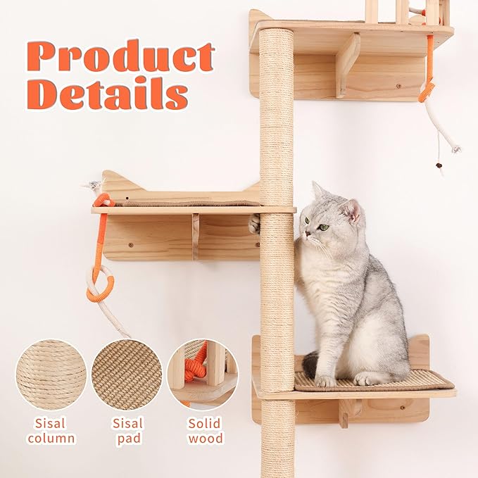 KVIDA Wall-Mounted Cat Tree – 7PCS Solid Wood Set with 3 Sisal Posts, Wide Perches & Lookout Tower, Space-Saving Climbing Furniture for Large Indoor Cats