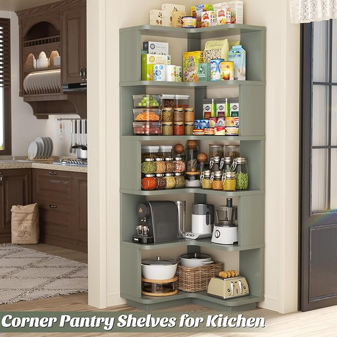 Armocity Corner Book Shelf - 6 Tier Corner Bookshelf Etagere Bookcase with Baffle, Freestanding L Shaped Display Shelf Stand for Home Office, Living Room, Bedroom, Kitchen, Crab Green