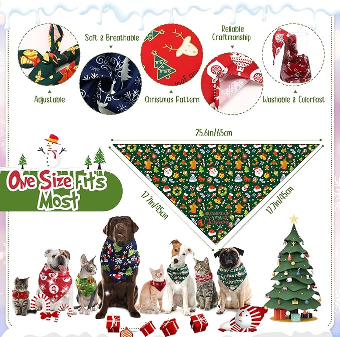 Kacctyen 200 Pcs Christmas Dog Bandana Bulk for Groomers Winter Holiday Triangle Bandanas with Christmas Patterns Soft and Adjustable Kerchief Scarf for Small Medium Large Dogs Cats Pets Grooming