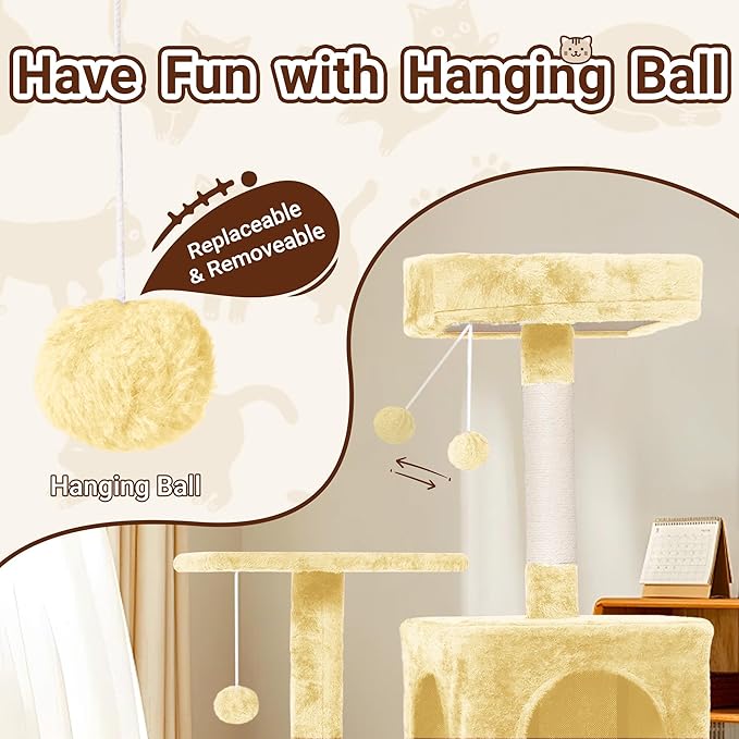 Cat Tree, 54-Inch Cat Tower for Indoor Cats,Plush Multi-Level Cat Condo with Scratching Posts, Basket, Perches,2 Caves,2 Pompoms(Beige)