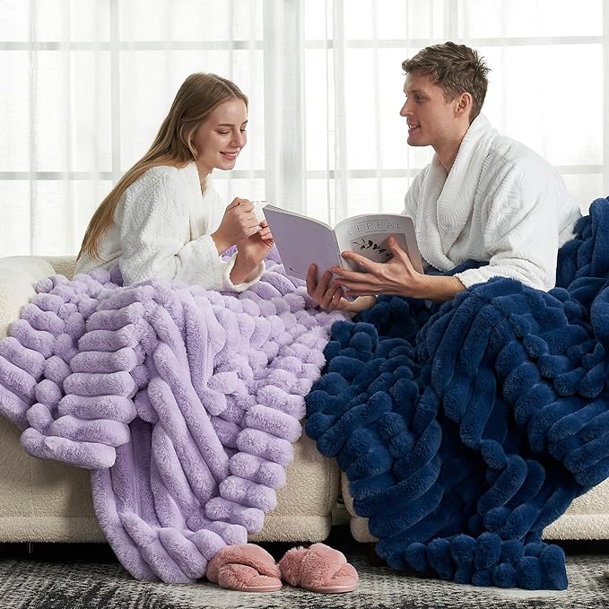 Cozy Bliss Faux Fur Throw Blanket for Couch, Cozy Warm Plush Striped Blanket for Sofa Bedroom Living Room, 90 * 90 Inches Lavender