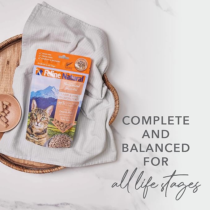 Feline Natural High Protein Dry Cat Food, Freeze-Dried Diet with 98% Meat, Organs & Seafood, No Peas, Grains, or Artificial Additives, Made in New Zealand, Lamb & King Salmon, 3.5oz (Pack of 2)