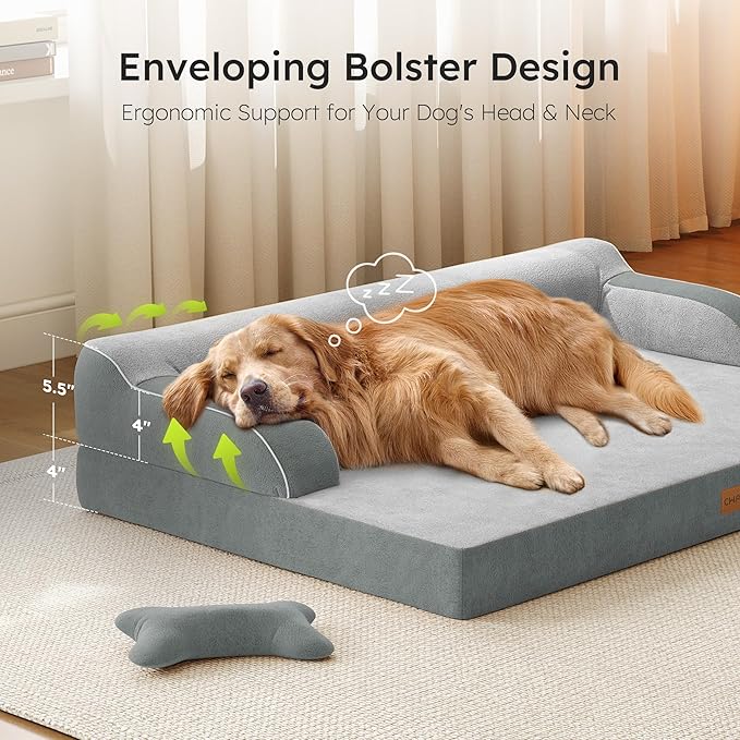 Large Orthopedic Dog Bed, Pet Bed Large Size Dog, Dual-Sided Cooling Beds with Memory Foam Washable Cover Nonslip Bottom, Waterproof Pet Beds with Bolsters, Light Grey