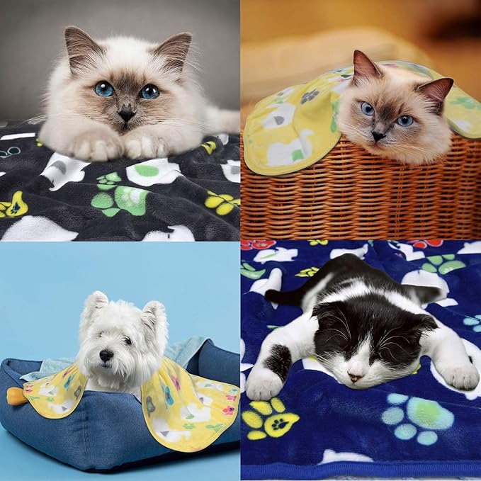 Rezutan Dog Blanket for Medium Dogs 1 Pack 3 Premium Soft Cat Puppy Blankets, 31x24 inch, with Flannel Cute Elephant & Paw Print for Small Kitten,Grey