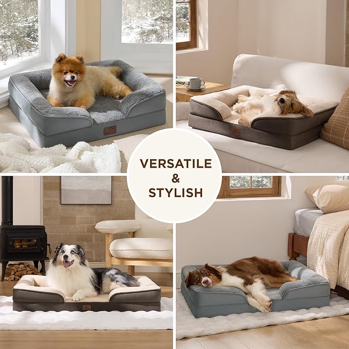 Bedsure Self Warming Orthopedic Dog Beds Large Sized Dog - Washable Large Dogs Bed Waterproof, Big Comfort Dogs Couch Sofa with Removable Cover, Supportive Foam Pet Bed with Nonskid Bottom, Grey