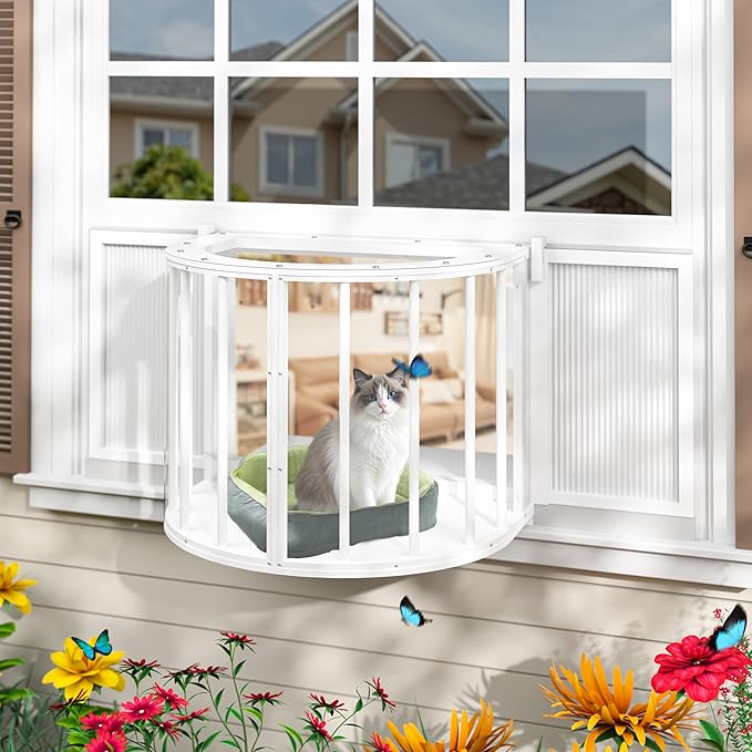 Cat Window Box, Semicircular Adjustable Window Catio, Wooden Cat Window Perch Fits Vertical Window Frames 26" to 42" Wide, Sunbathing, Napping & Overlooking, White