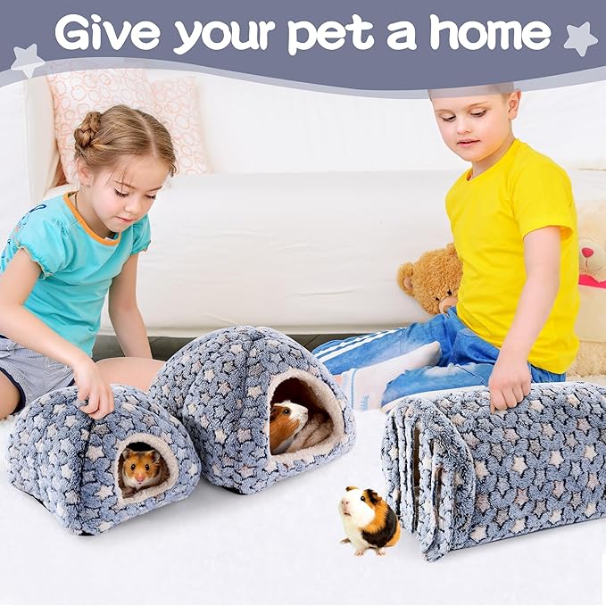 MABOZOO 3 Pack Guinea Pig House Accessories, Washable 2 Guinea Pig House and Hideout Tunnel with Curtains, Chinchilla Hideout for Hamster, Rabbit, Bunny, Chinchillas (Blue-Star)