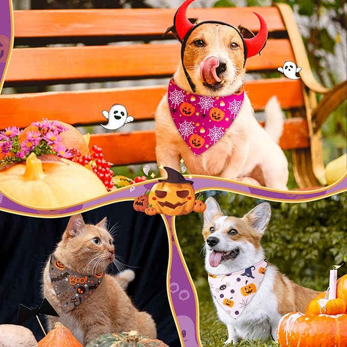 Preboun 50 Pcs Halloween Dog Bandanas Bulk Pumpkin Ghost Bandanas for Dogs Colorful Triangle Kerchief Bibs Scarf Set for Pet Costume Photo Props Accessories Pet Shops, 25 Styles (19.7 x 13.8 x 13.8)