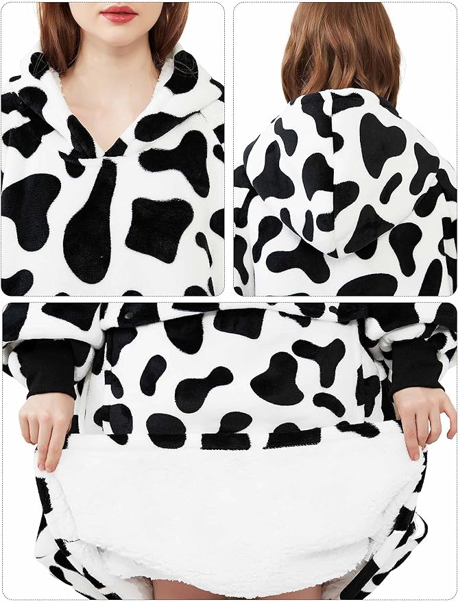 KFUBUO Wearable Blanket Hoodie for Adult Long Sherpa All Patterns Cow Oversized Hoodie Sweatshirt Blanket Cute Birthday Gifts for Women