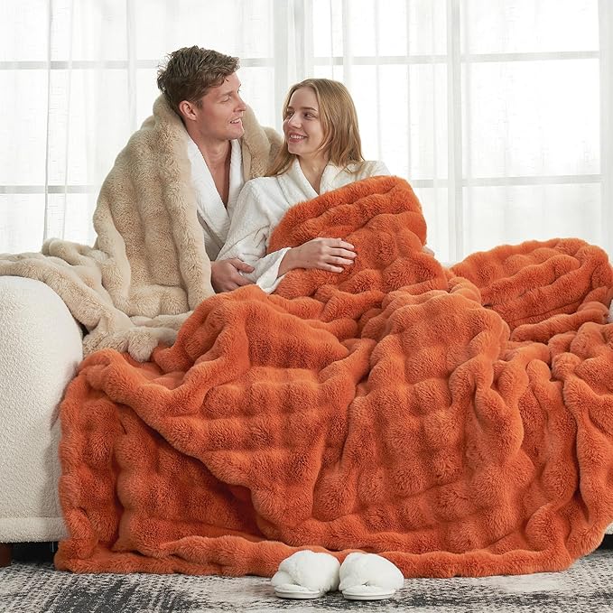 Cozy Bliss Faux Fur Throw Blanket for Couch, Fuzzy Soft Plush Thick Bubble Blanket for Sofa Bedroom Living Room, 50 * 60 Inches Halloween Burnt Orange
