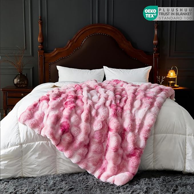 Faux Fur Throw Blanket for Couch, Fluffy Fuzzy Plush Bubble Blanket, Soft Warm Cozy Shaggy Rabbit Blanket, Luxury Decorative Gifts for Sofa Bedroom Living Room, 60x50inch (Tie-Dye-Pink)