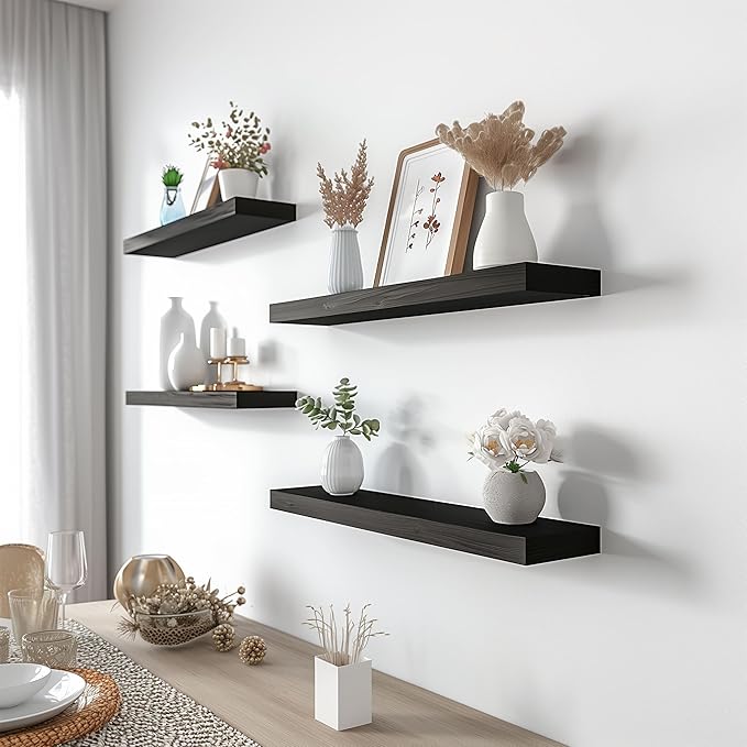 Black Wood Floating Shelves for Wall Rustic Wall Shelf for Bedroom Living Room Set of 4