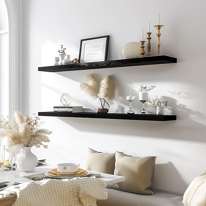 48 Inch Black Wood Floating Shelves for Wall Rustic Wall Shelf for Bedroom Living Room Set of 4