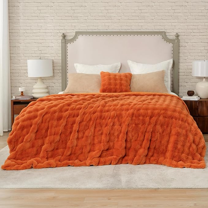 Cozy Bliss Faux Fur Throw Blanket for Couch, Bubble Plush Blanket Queen Size, Fuzzy Soft & Thick Blanket for Fall Bed Sofa Living Room, 90x90 Inches Halloween Burnt Orange