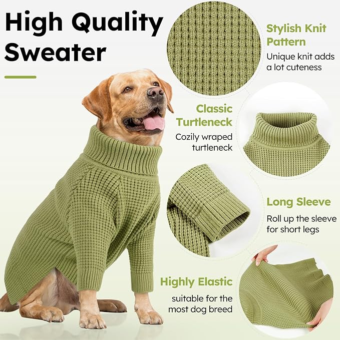 Queenmore Large Dog Sweater, Turtleneck Dog Sweater with Check Pattern, Fall Winter Warm Dogs Sweater for Large Breeds, Solid Pull-on Pet Sweater for Cats, Green XXL